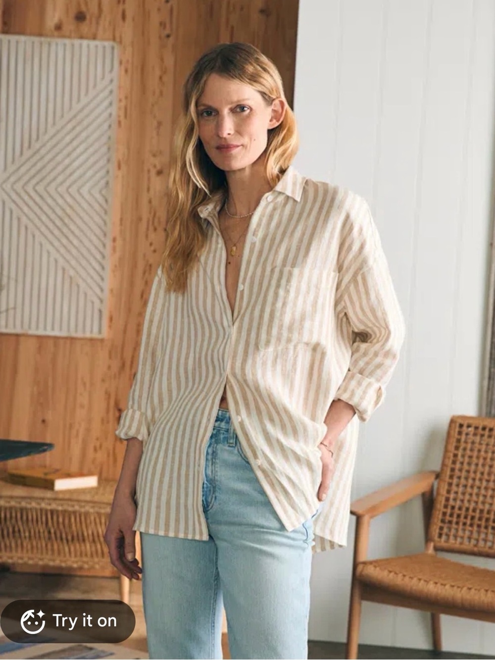 Faherty Cream and White Striped Button-Down Linen Shirt